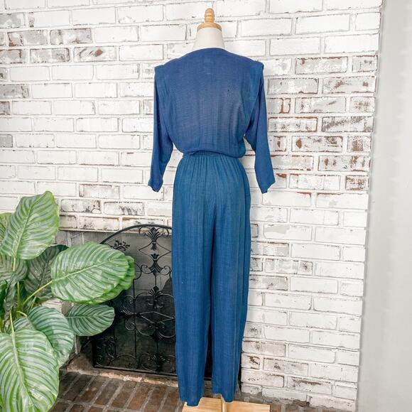 Vintage 80s Rabbit Rabbit Rabbit Multi Blue Knit V-neck Jumpsuit 6 - Picture 7 of 12